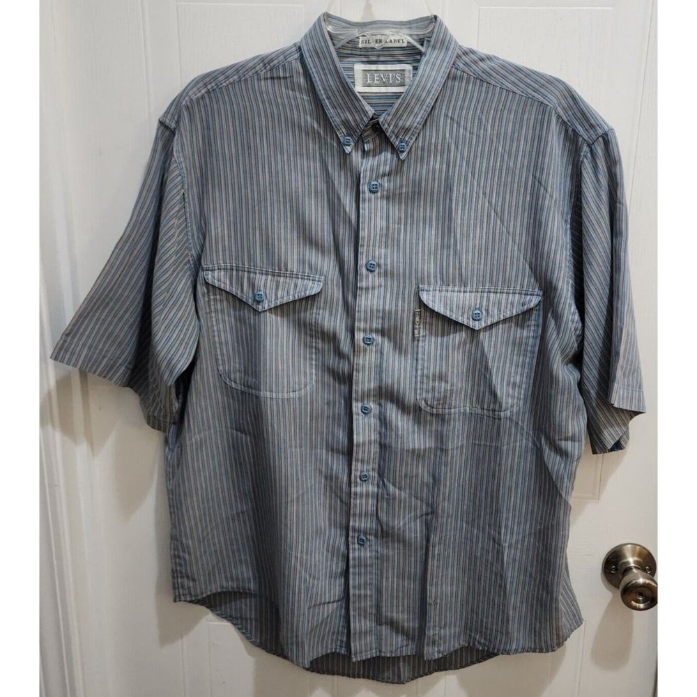 VTG Levis Silver Label Striped‎ Shirt Short Sleeve Blue Striped Button Up Size L